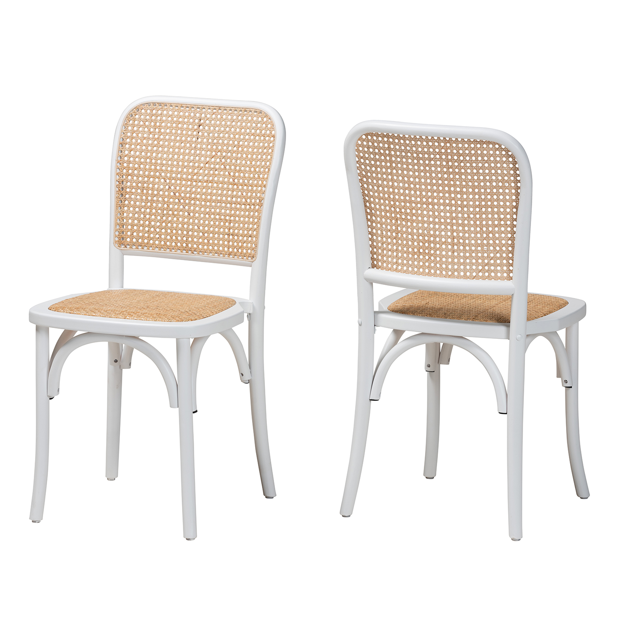 Baxton Studio Neah Japandi White Wood and Natural Rattan 2-Piece Dining Chair Set